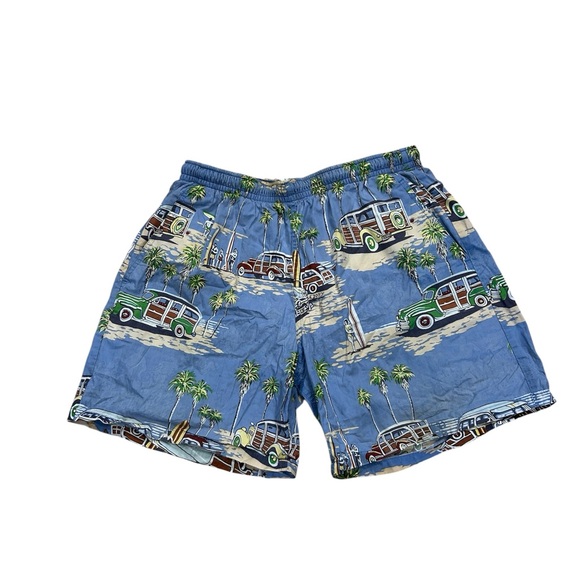 Reyn Spooner Swim Trunks Mens L Blue Woody Car Hawaiian Surf Art Eddy Y Print